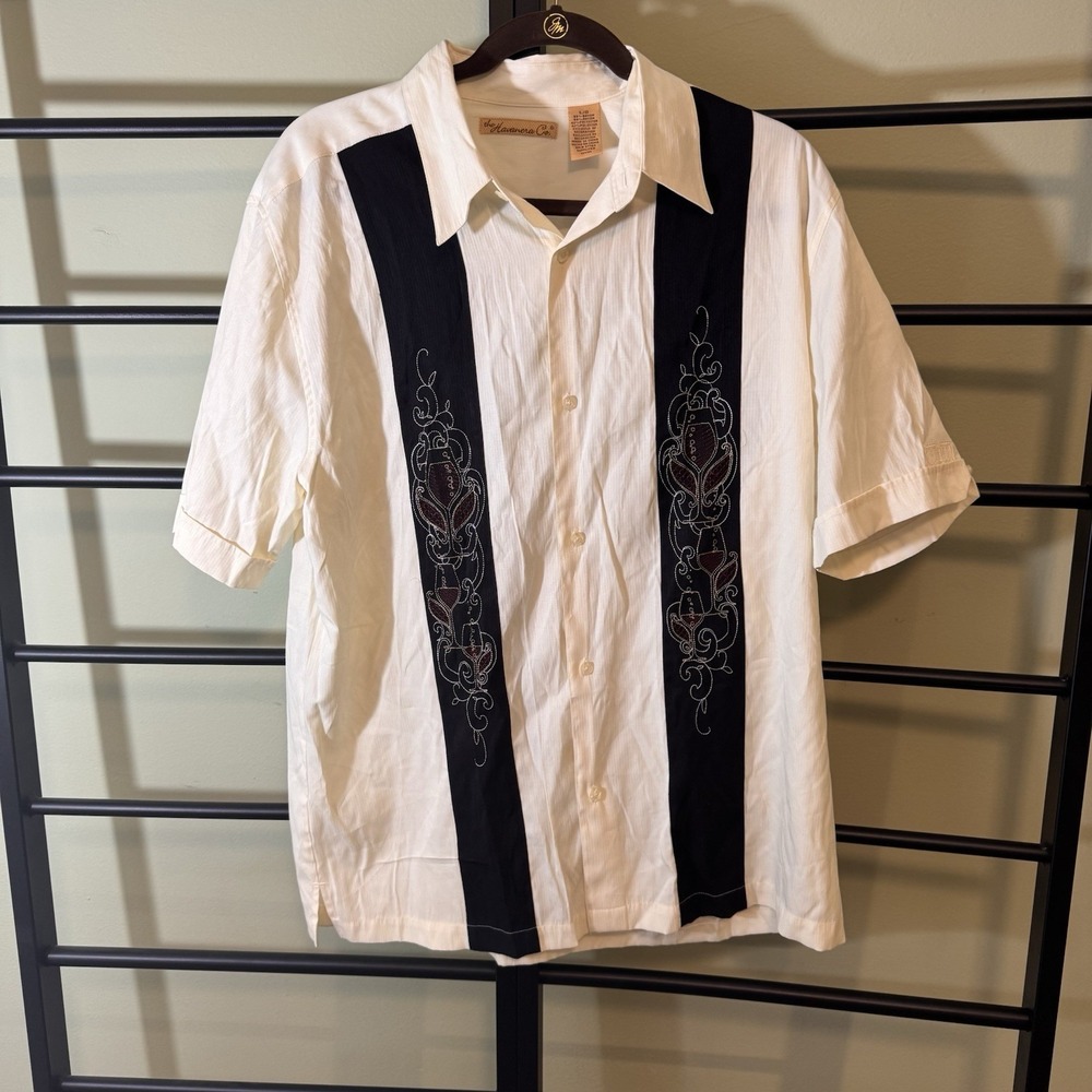 Havanera‎ Co. Short Sleeve Button Down Shirt Ivory Wine Glass Embroidery Mens L